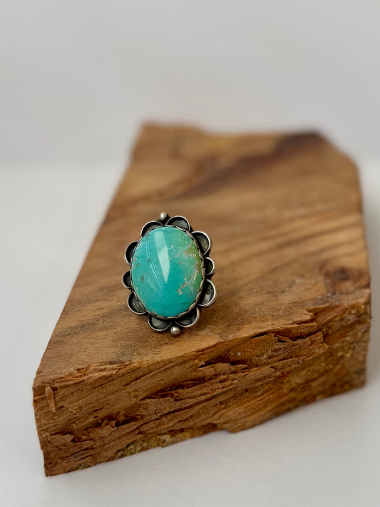 Large Scallop Carico Turquoise Ring - Sterling Silver - Native Handmade - WM (Artist) - Size Adjustable