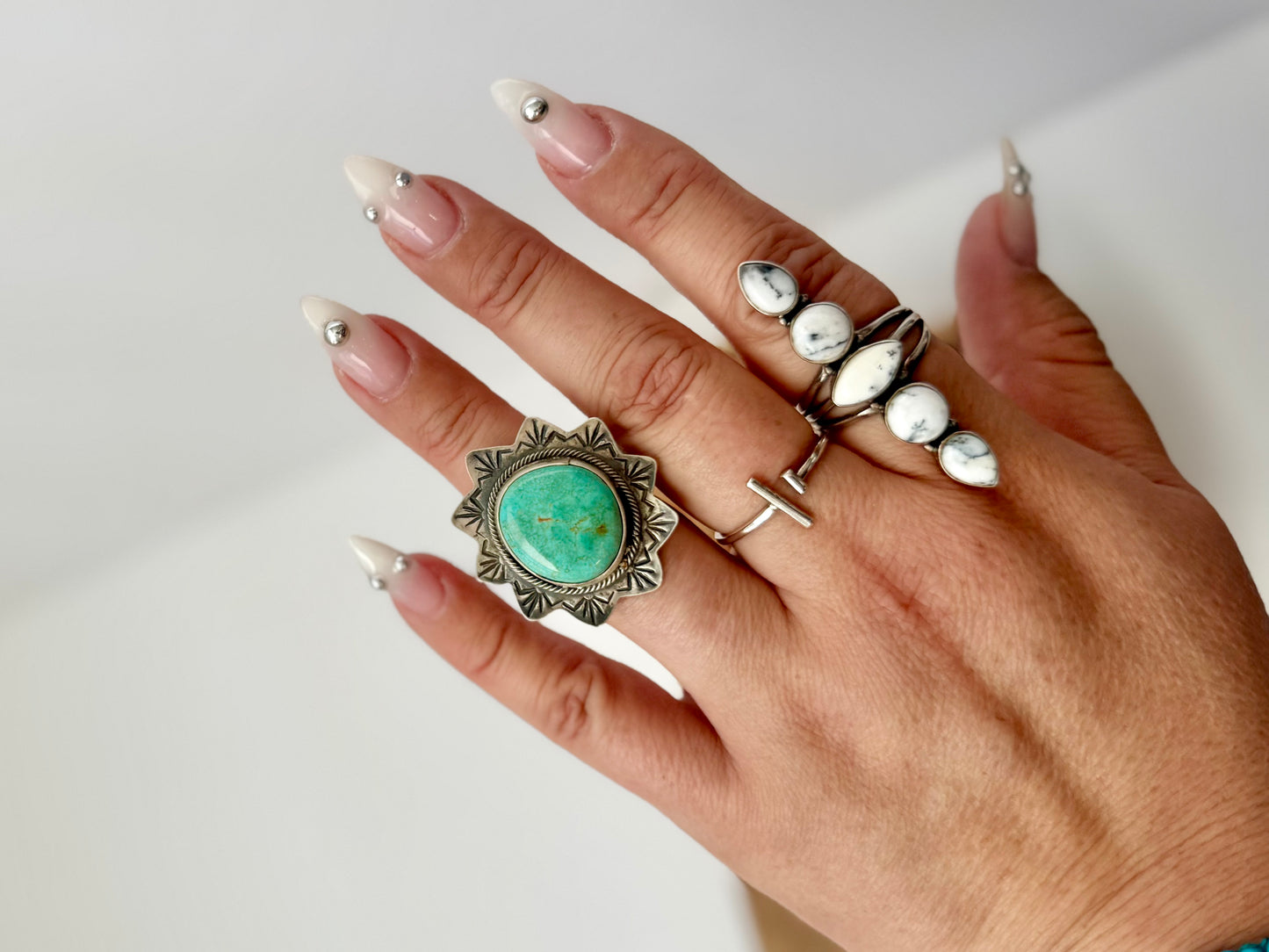 Sun Shaped Ring with Turquoise - Native Handmade - Jameson Garcia (Artist) - Size Adjustable- Sterling Silver