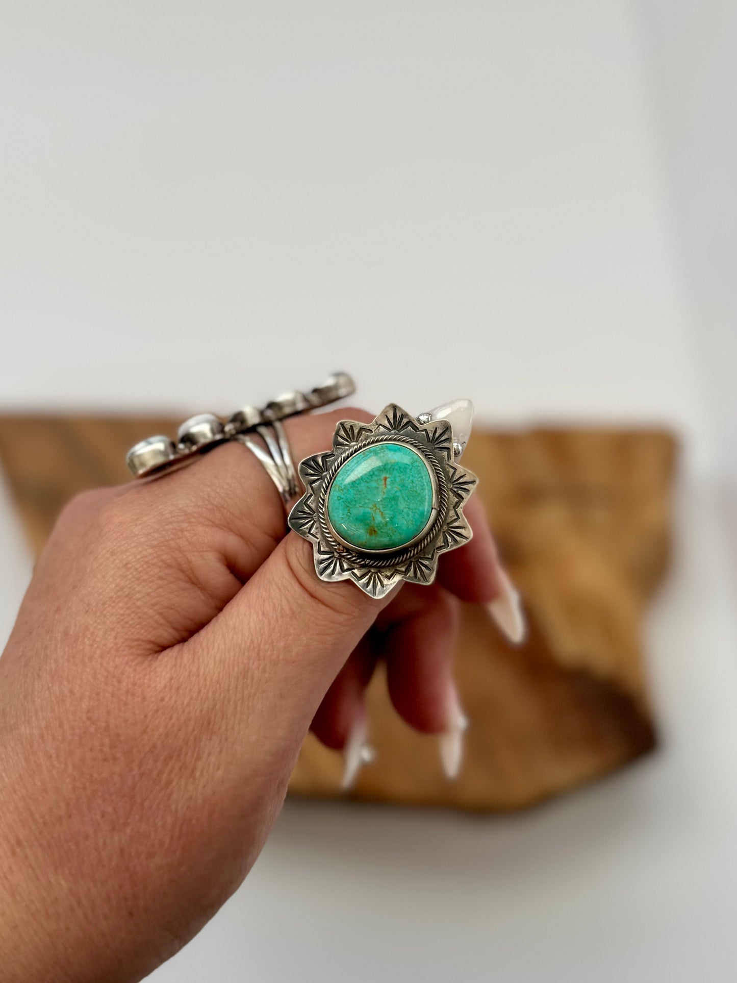 Sun Shaped Ring with Turquoise - Native Handmade - Jameson Garcia (Artist) - Size Adjustable- Sterling Silver