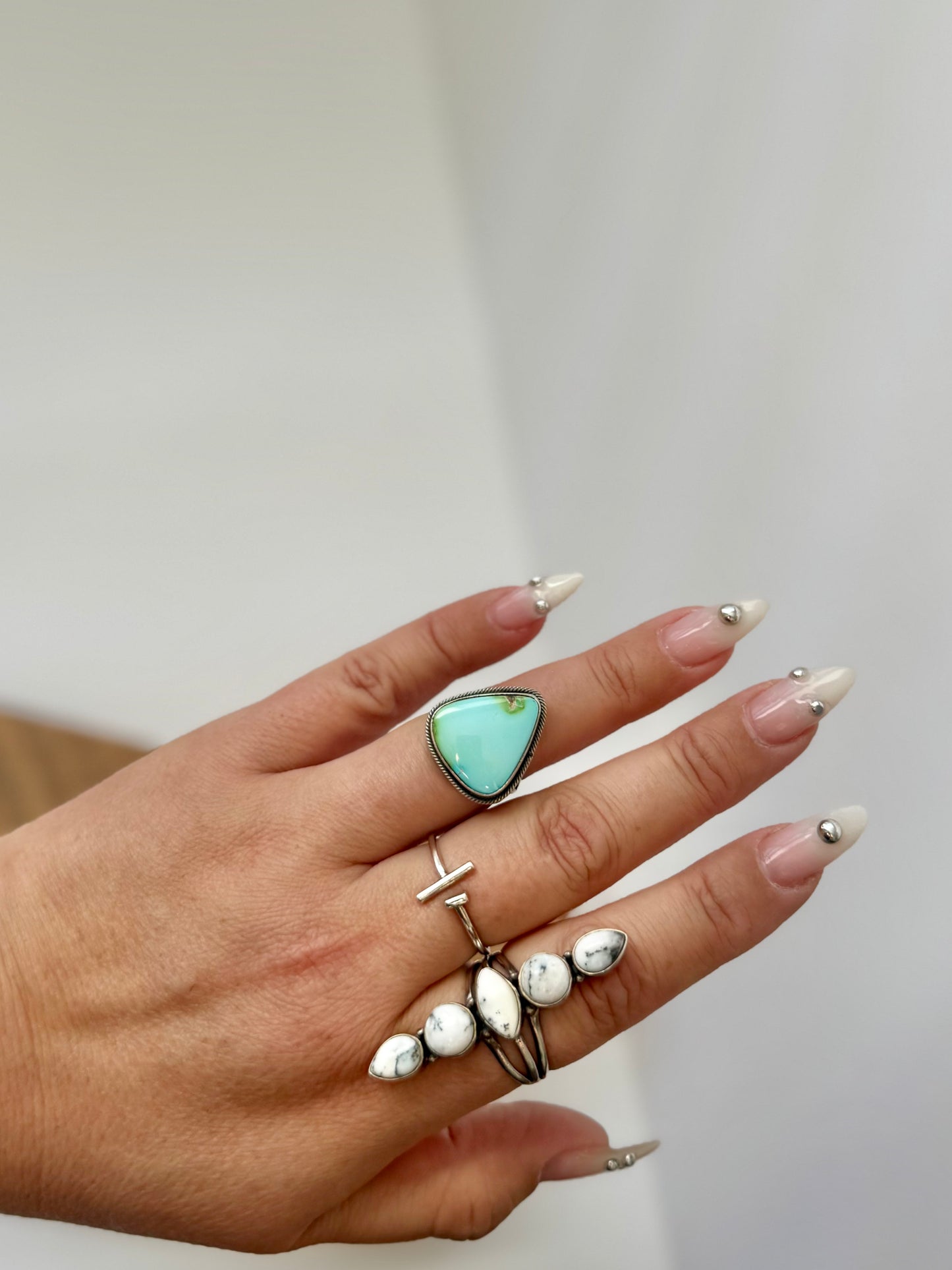 Triangular Sonoran Gold Turquoise Ring -Artist Scott Skeets -Size 7 - Native Handmade- Sterling Silver