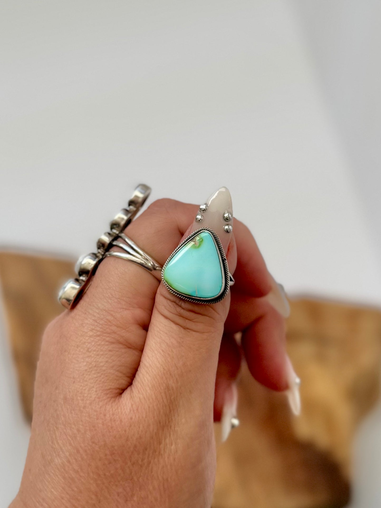 Triangular Sonoran Gold Turquoise Ring -Artist Scott Skeets -Size 7 - Native Handmade- Sterling Silver