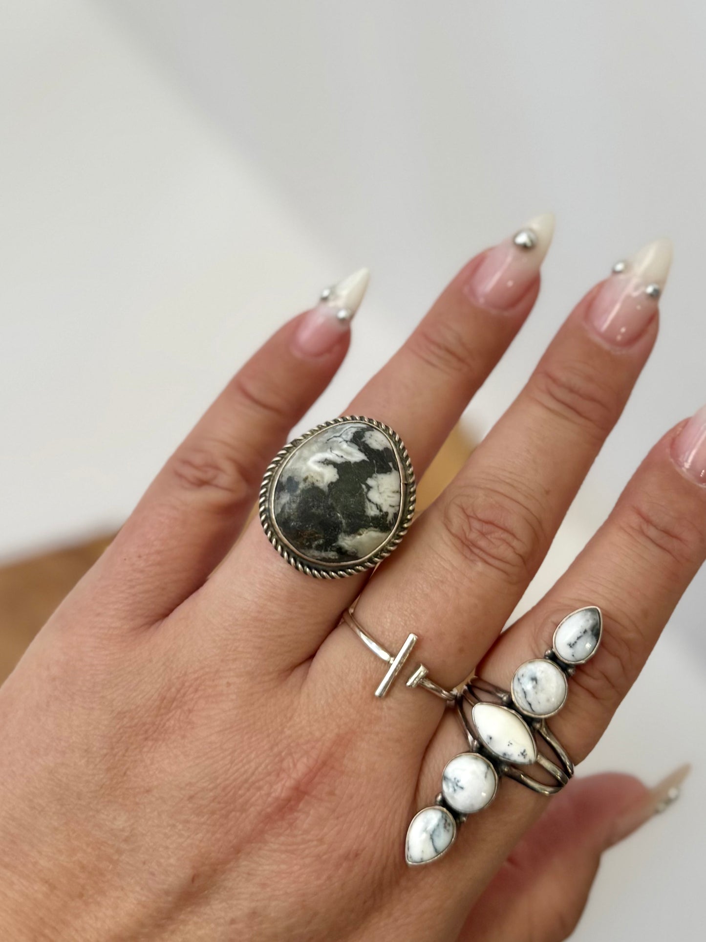 White Buffalo Round Ring - Sterling Silver - Native Handmade - Denovan Dez (Artist) - Size Adjustable