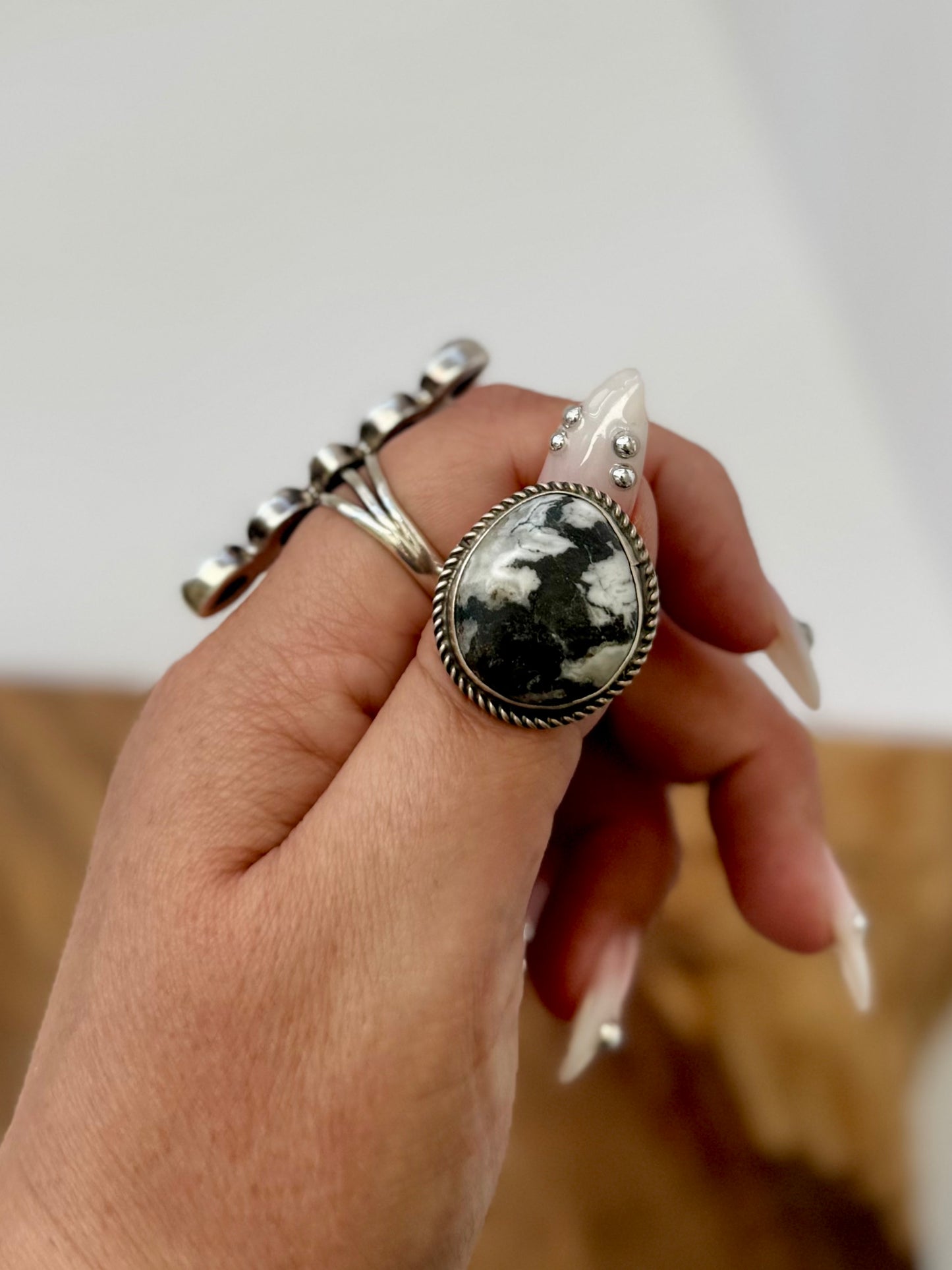 White Buffalo Round Ring - Sterling Silver - Native Handmade - Denovan Dez (Artist) - Size Adjustable