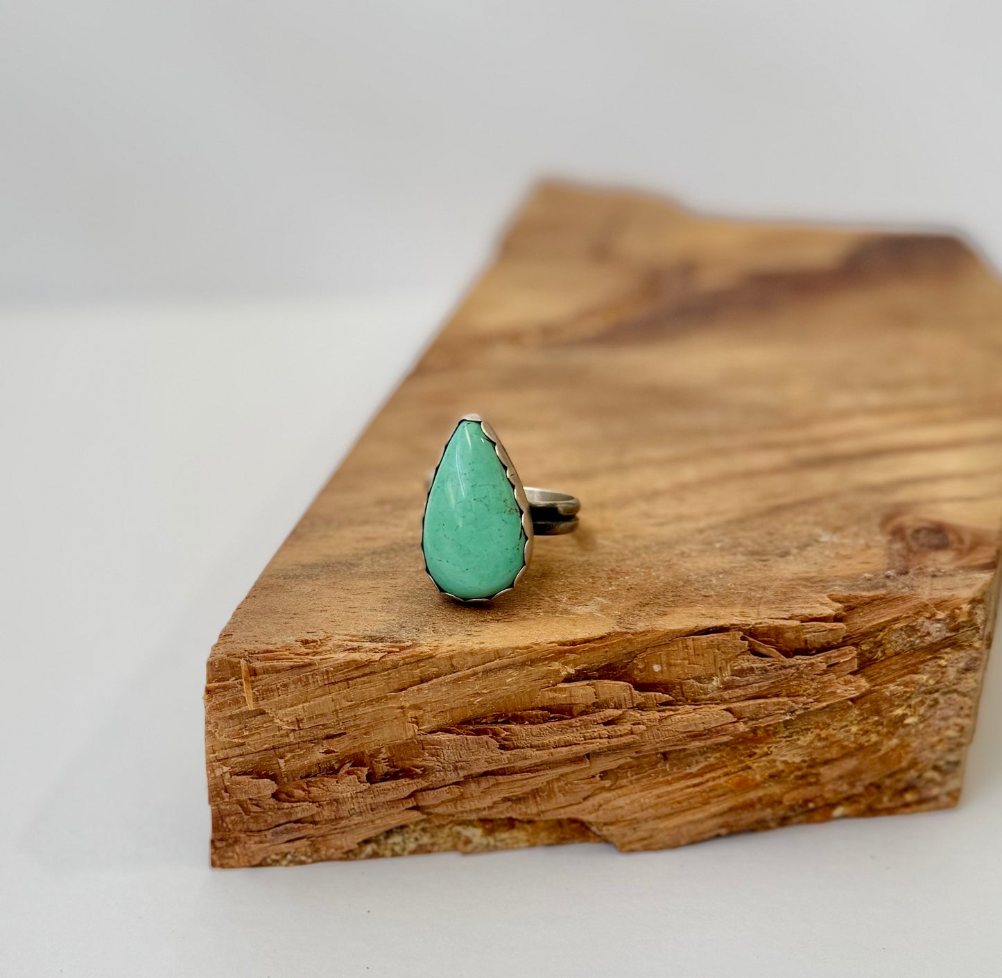 Teardrop Turquoise Ring - Artist H - Size Adj. -Native Handmade - Sterling Silver