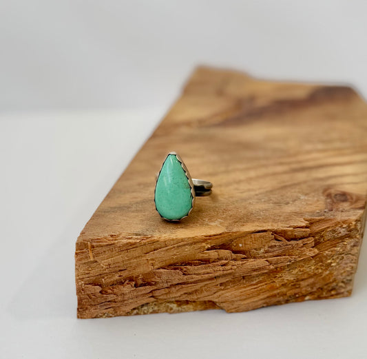 Teardrop Turquoise Ring - Artist H - Size Adj. -Native Handmade - Sterling Silver