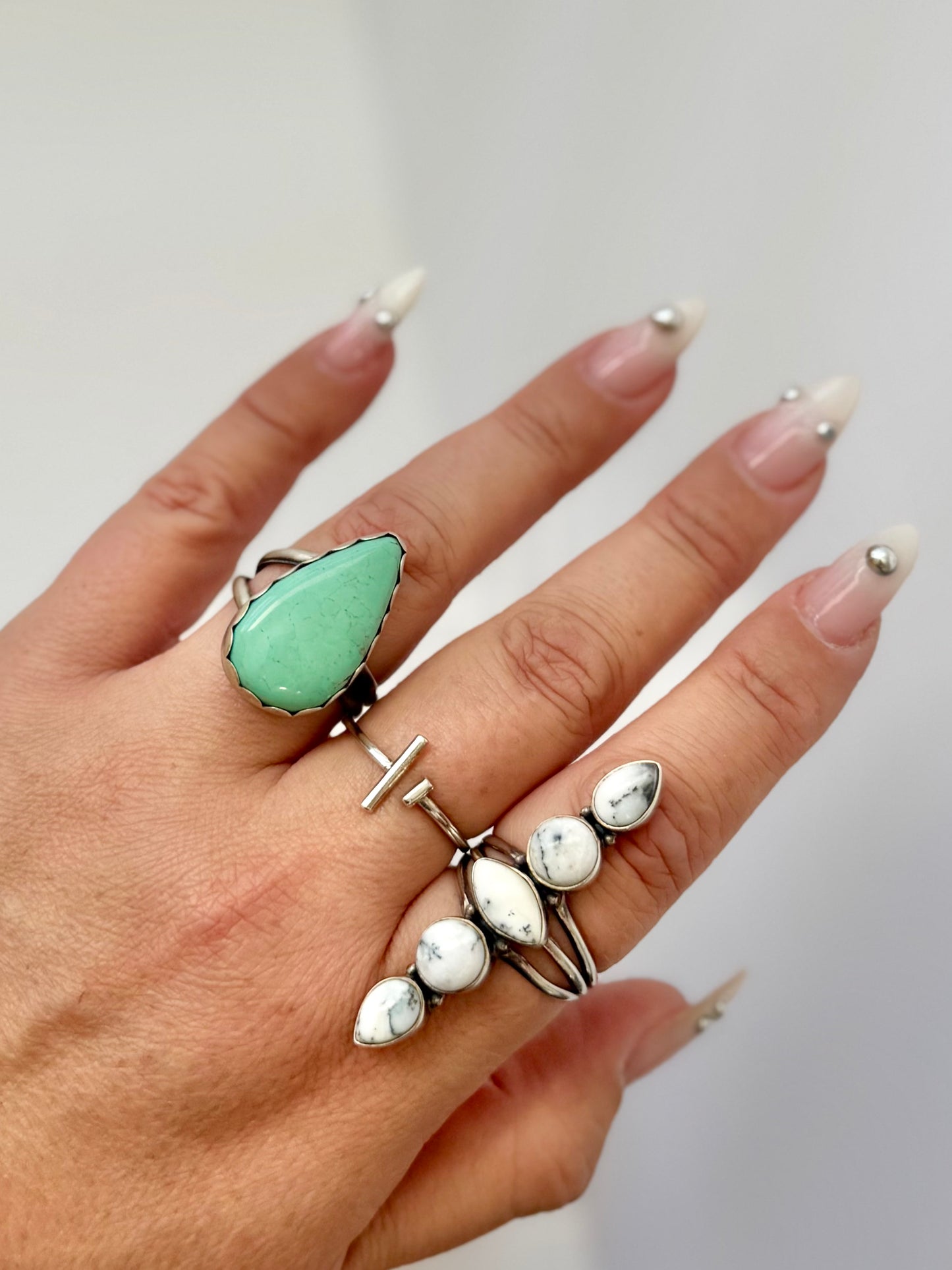 Teardrop Turquoise Ring - Artist H - Size Adj. -Native Handmade - Sterling Silver