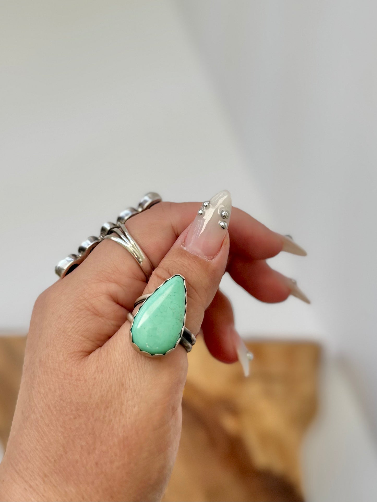 Teardrop Turquoise Ring - Artist H - Size Adj. -Native Handmade - Sterling Silver