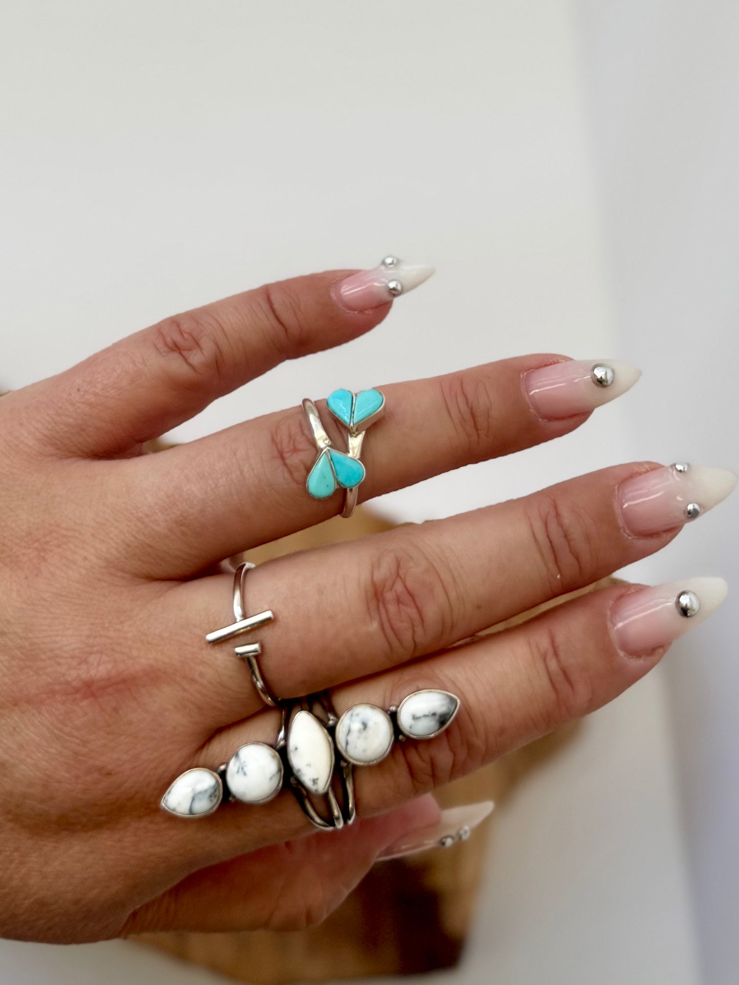 Double Heart Turquoise Ring - Sterling Silver - Size 8