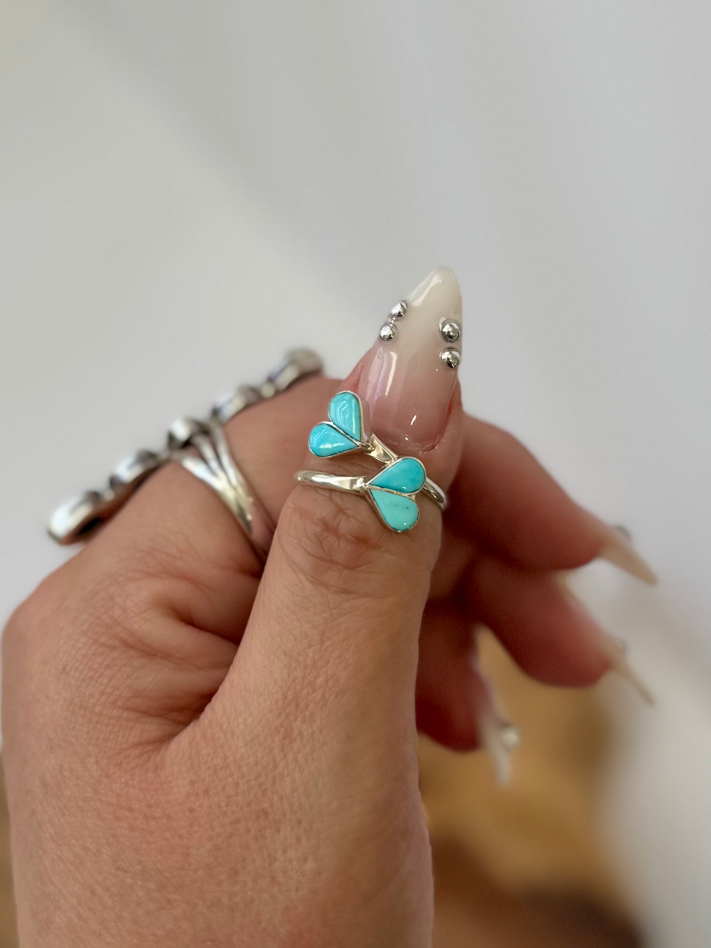 Double Heart Turquoise Ring - Sterling Silver - Size 8