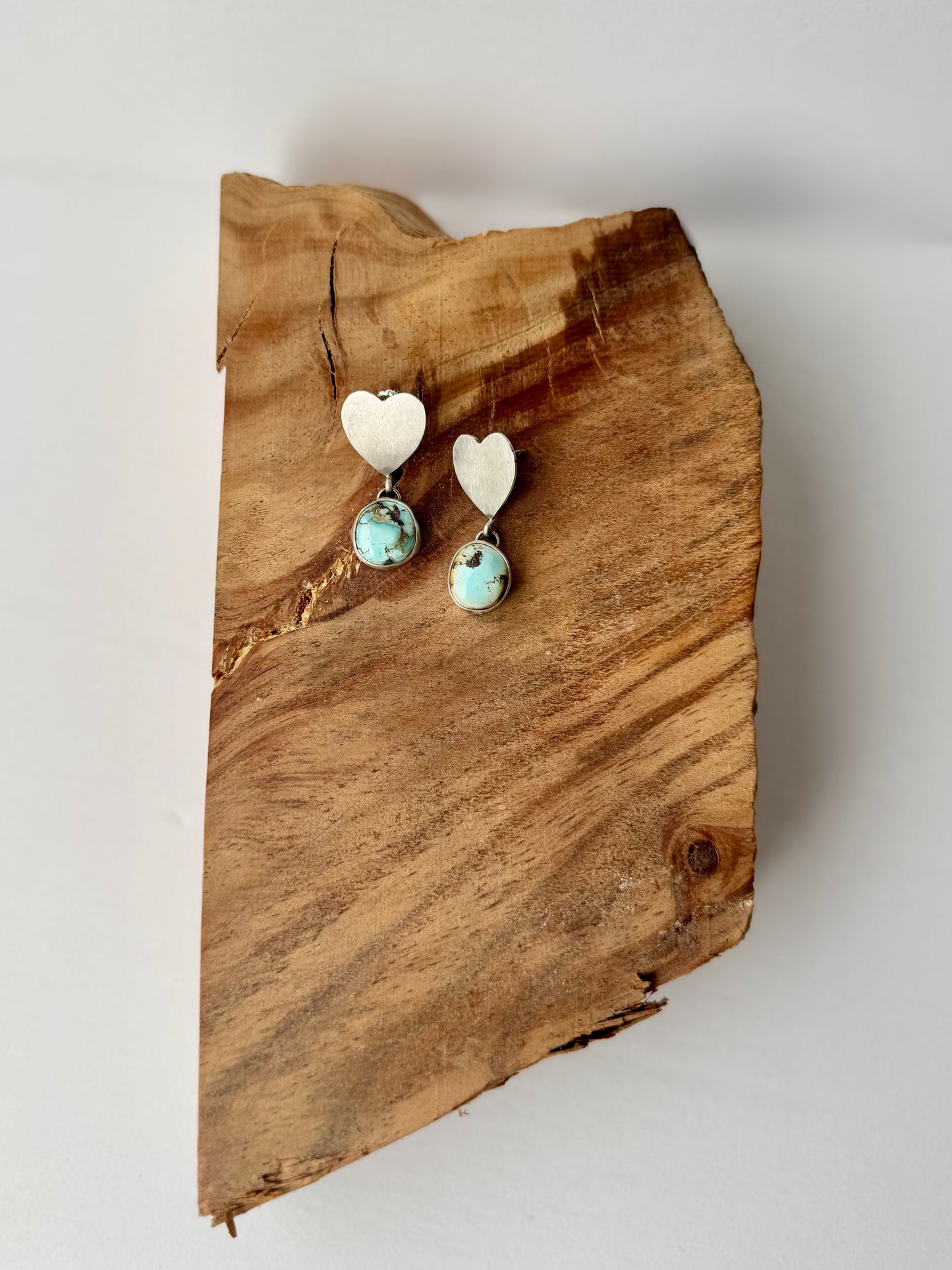Golden Hills Turquoise Heart Dangling Earrings - Sterling Silver - Native Handmade - JG (Artist)