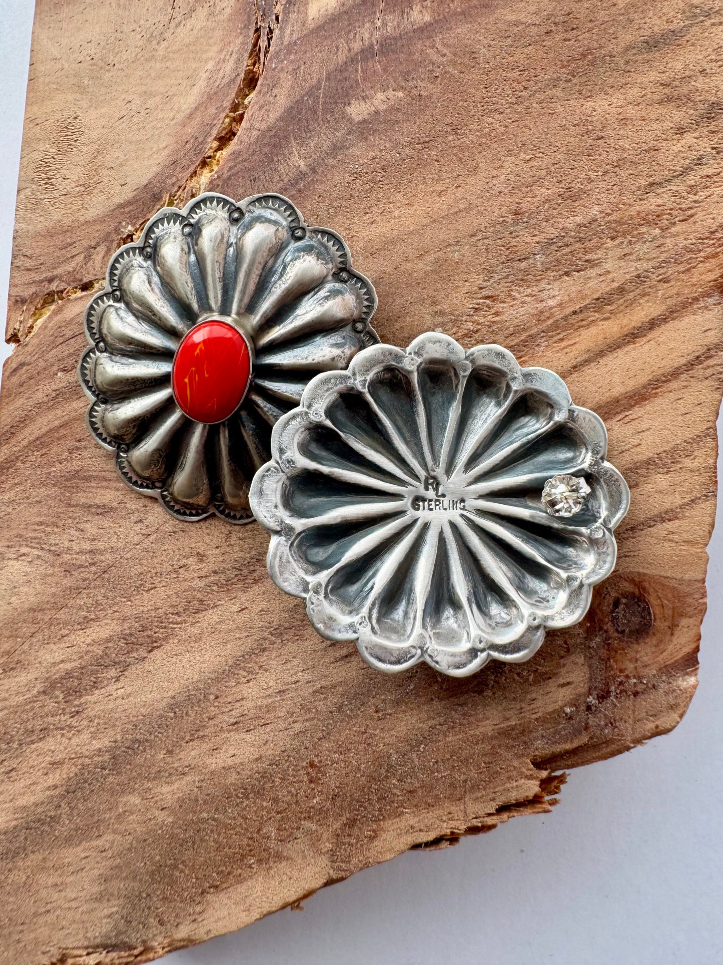 Concho Spiny Oyster Earrings - Sterling Silver - Native Handmade - RL (Artist)