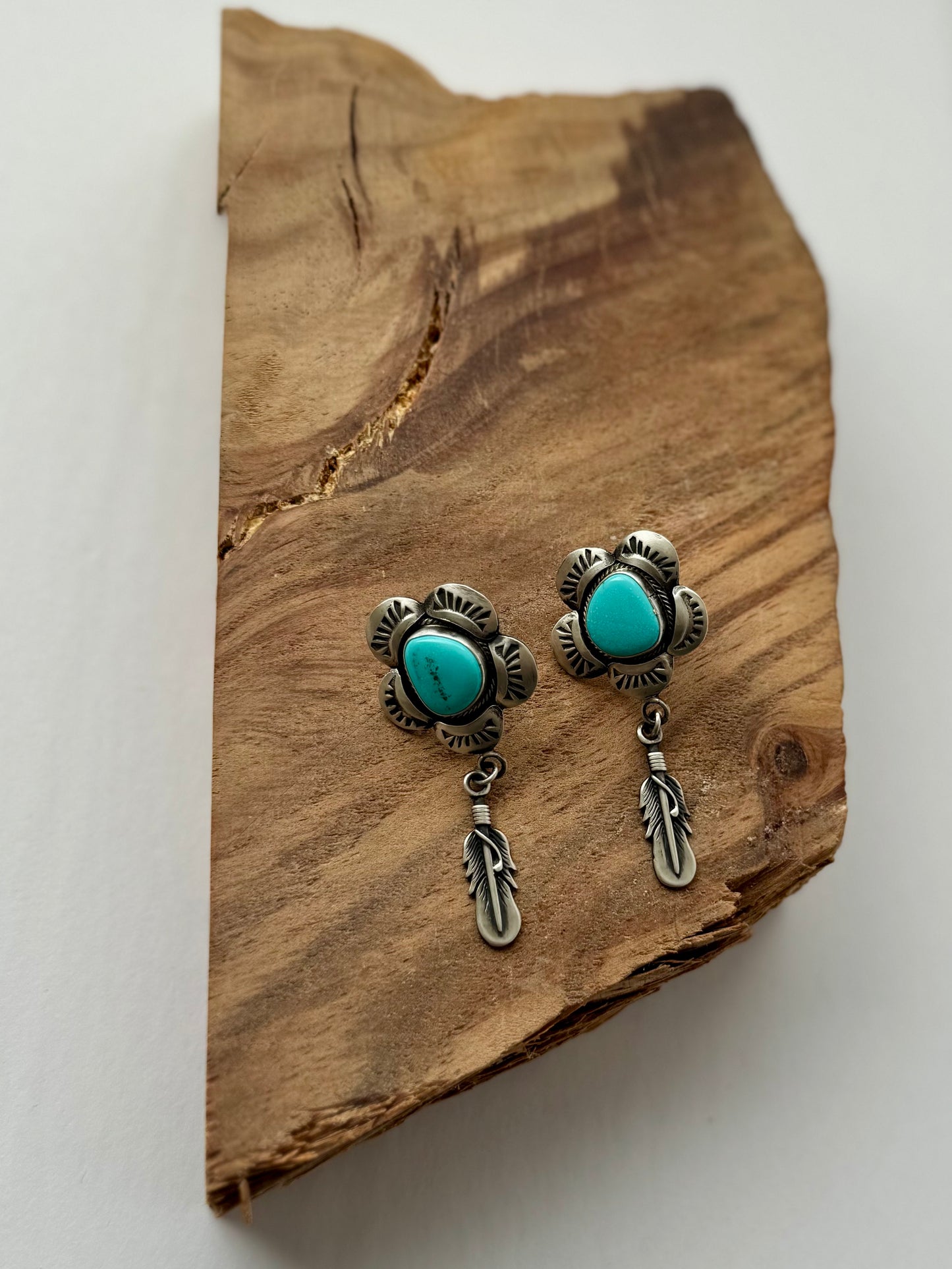 Turquoise Flower and Feather Earrings - Sterling Silver - Native Handmade - OM LOY (Artist)