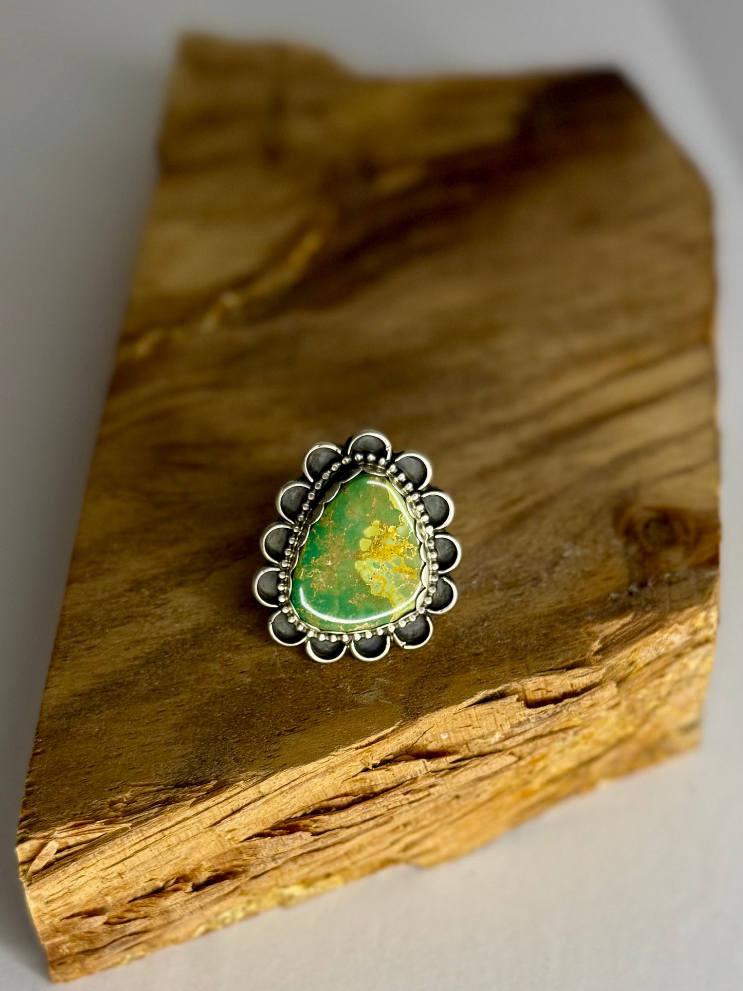 Large Scalloped Royston Turquoise Ring - Sterling Silver - Native Handmade - D (Artist) - Size Adjustable