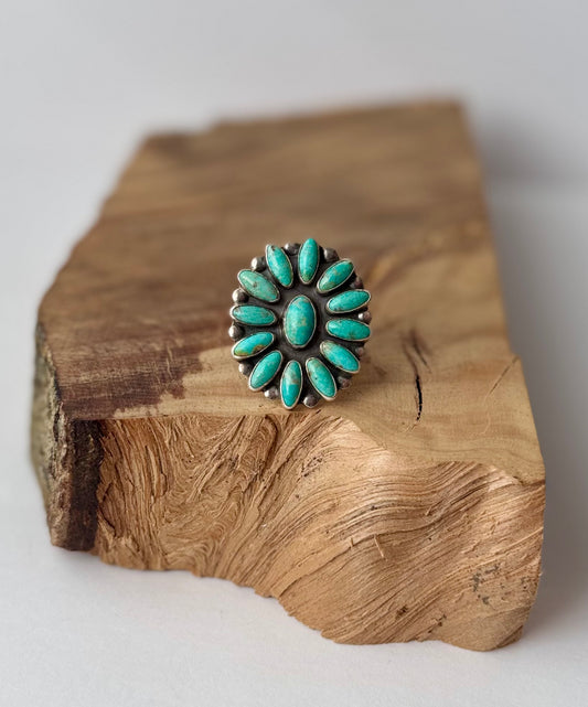Tyrone Turquoise Cluster Ring - Sterling Silver - Native Handmade - Dine (artist) - Size 8.5