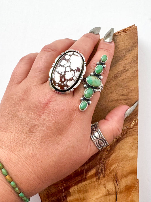 5 Stone Tyrone Turquoise - Sterling Silver - Native Handmade - Bob Becenti (artist) - Size 10