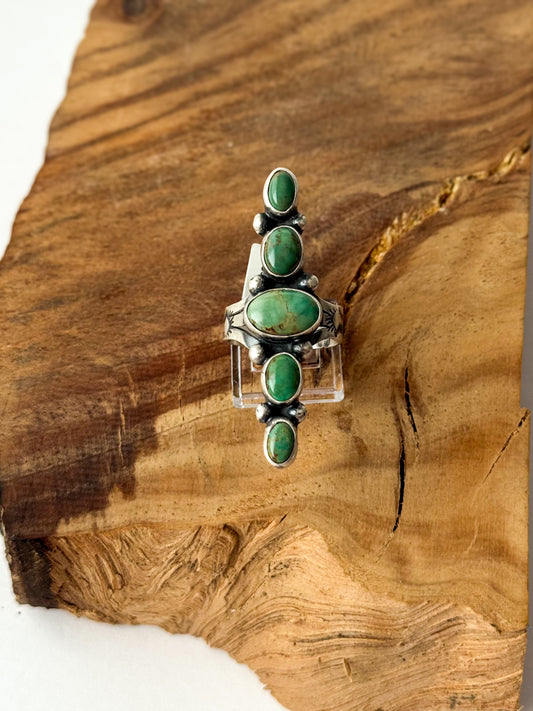 5 Stone Tyrone Turquoise - Sterling Silver - Native Handmade - Bob Becenti (artist) - Size 10