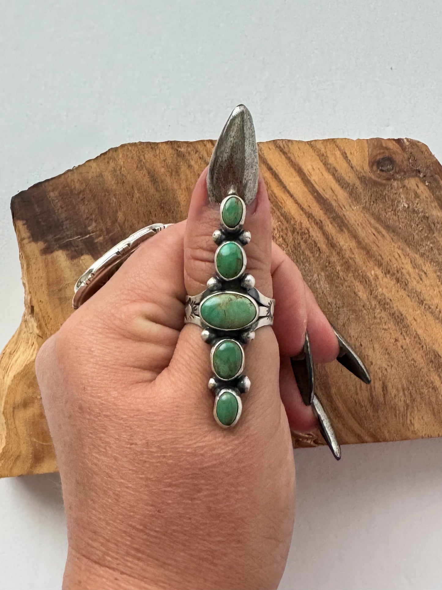 5 Stone Tyrone Turquoise - Sterling Silver - Native Handmade - Bob Becenti (artist) - Size 10