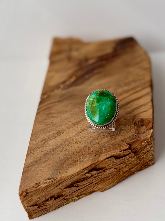 Sonoran Gold Turquoise Oval Ring - Sterling Silver - Native Handmade - Leslie Nez (artist) - Size 9 adjustable