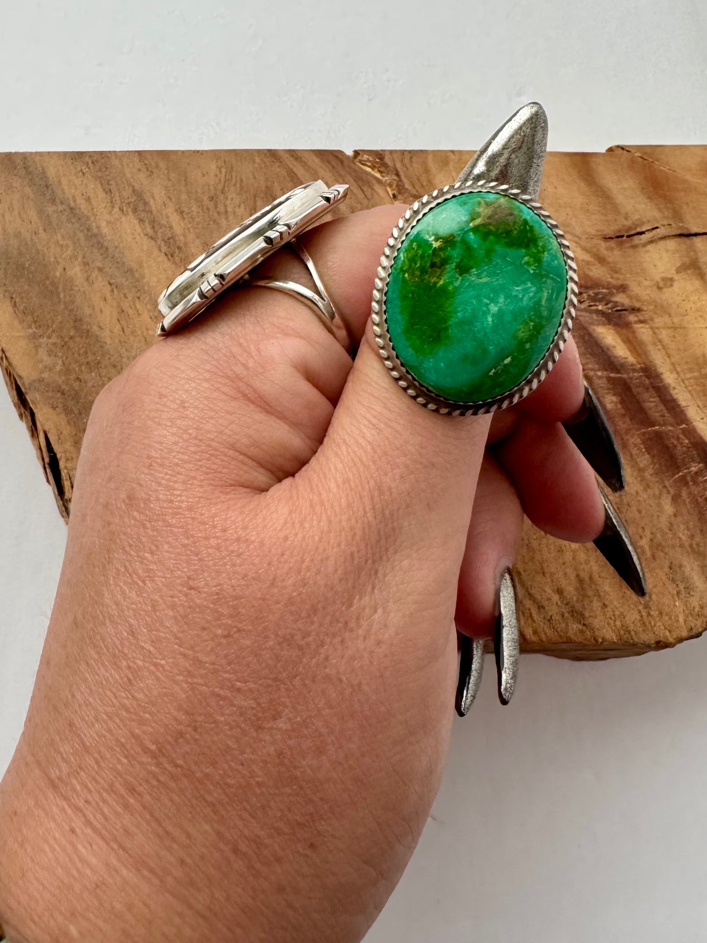 Sonoran Gold Turquoise Oval Ring - Sterling Silver - Native Handmade - Leslie Nez (artist) - Size 9 adjustable