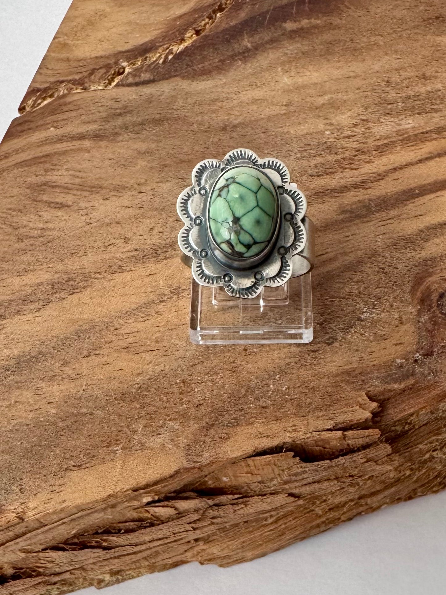 Flower Variscite Ring - Sterling Silver - Native Handmade - Scott Skeets - Size 9 adjustable