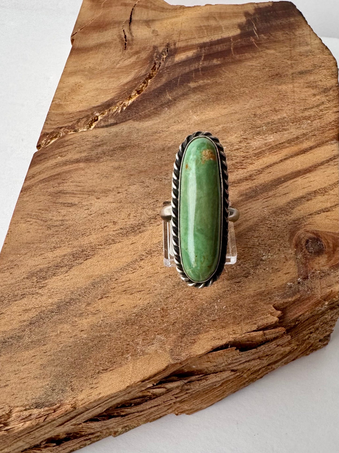 Tyrone Turquoise Oval Ring - Sterling Silver - Native Handmade - AL (artist) - Size 8 adjustable