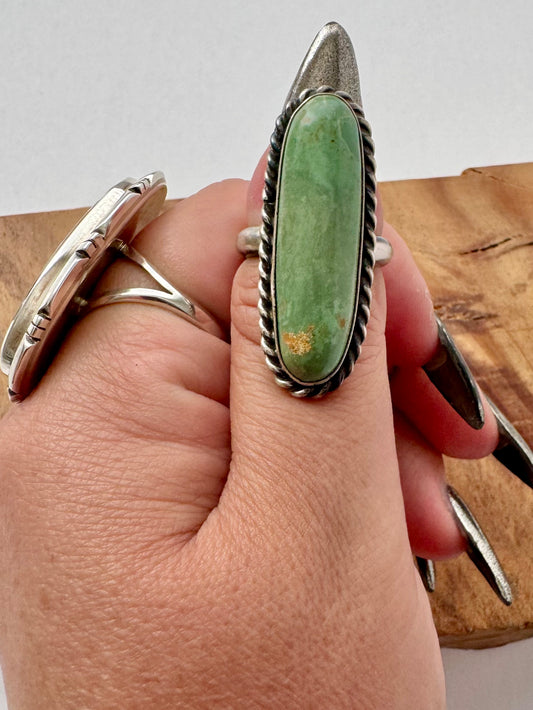 Tyrone Turquoise Oval Ring - Sterling Silver - Native Handmade - AL (artist) - Size 8 adjustable