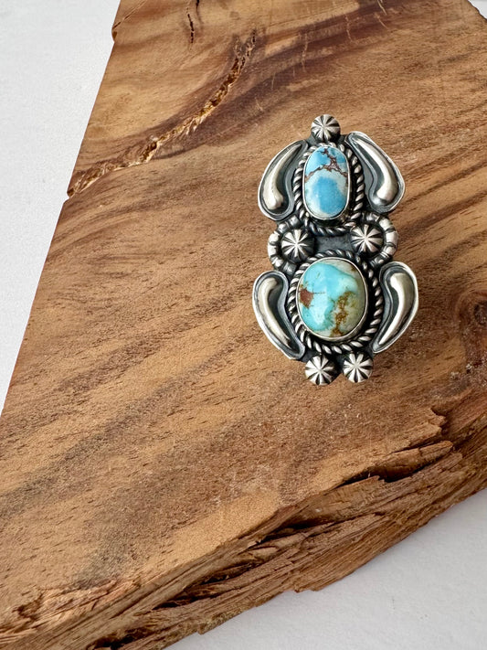 Golden HIlls Turquoise Dual Stone Ring - Sterling Silver - Native Handmade - Jeff James Jr (artist) - Size 9