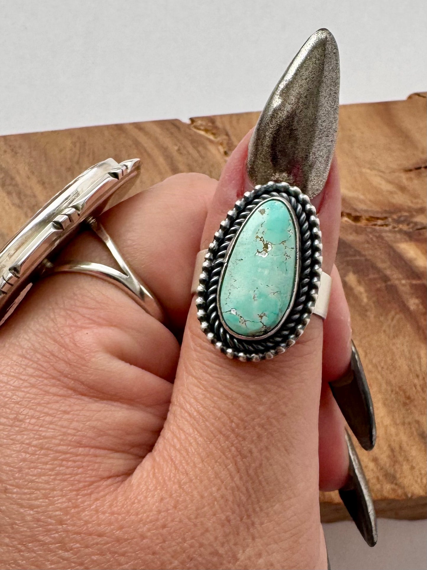 White Water Turquoise Ring - Sterling Silver - Native Handmade - Scott Skeets - Size 9 adjustable