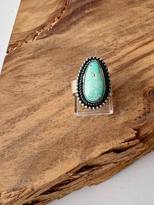 White Water Turquoise Ring - Sterling Silver - Native Handmade - Scott Skeets - Size 9 adjustable