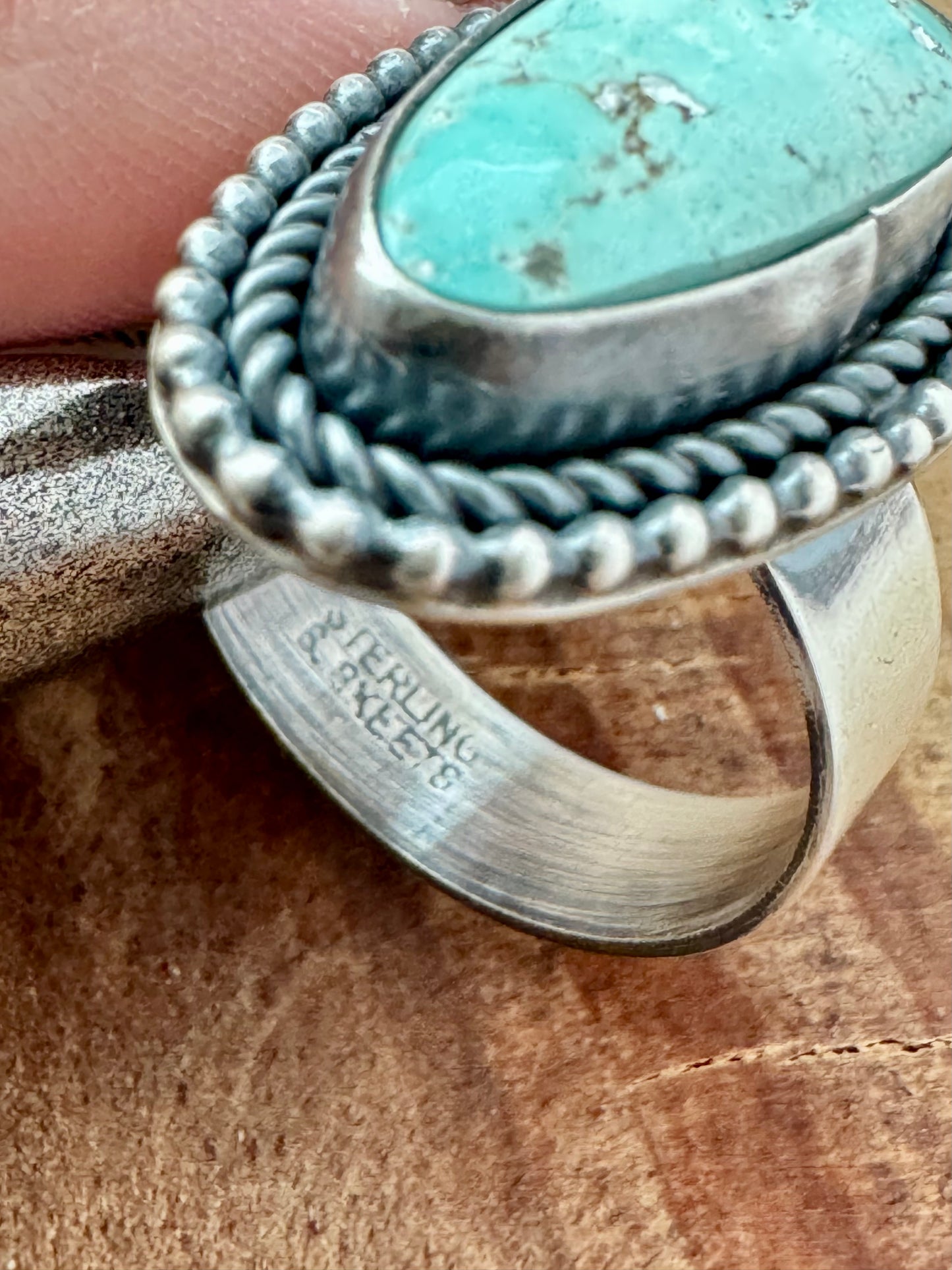White Water Turquoise Ring - Sterling Silver - Native Handmade - Scott Skeets - Size 9 adjustable