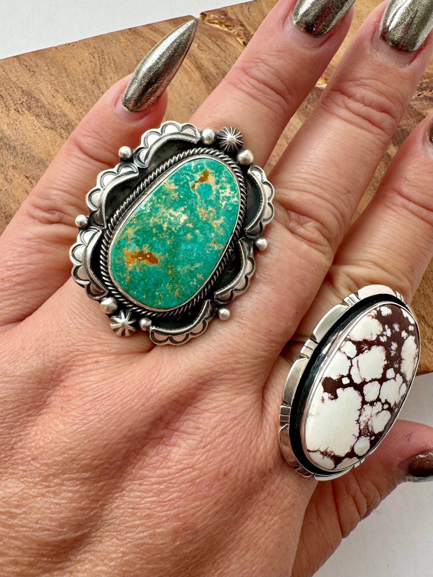 Large Armenian Turquoise with scallops Ring -Rebeca Begay- Sz.9.5