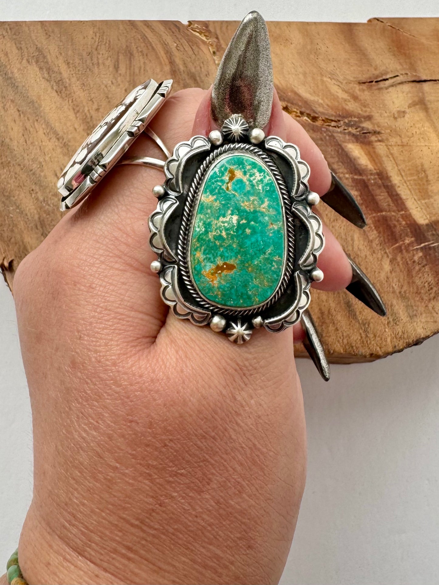 Large Armenian Turquoise with scallops Ring -Rebeca Begay- Sz.9.5