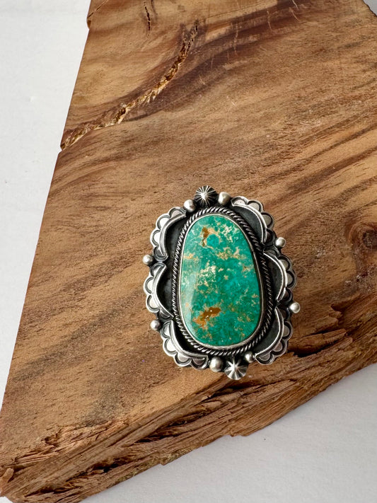 Large Armenian Turquoise with scallops Ring -Rebeca Begay- Sz.9.5
