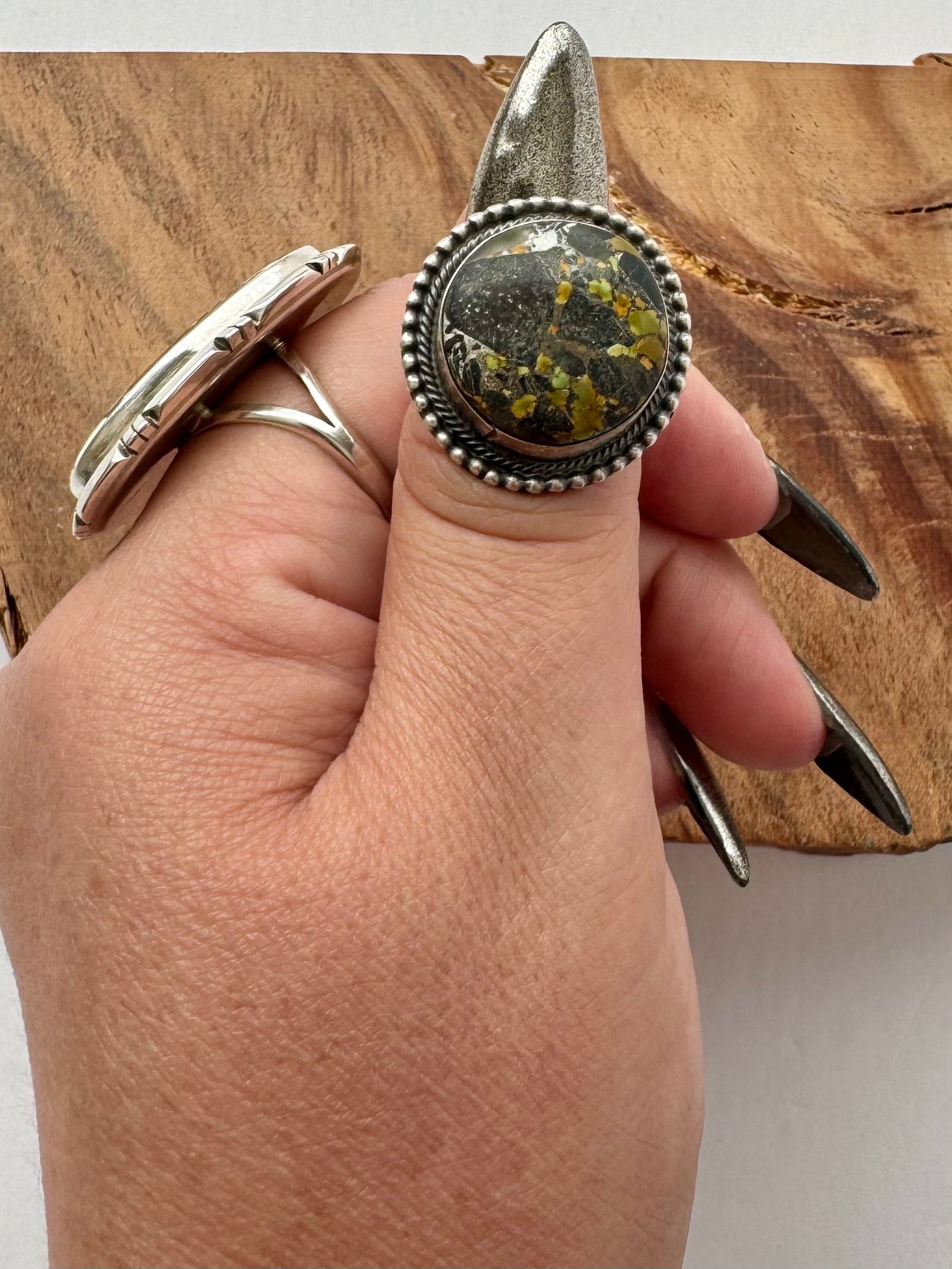 Round Black Jack Ring - Sterling Silver - Native Handmade - AM (Artist) - Size 8