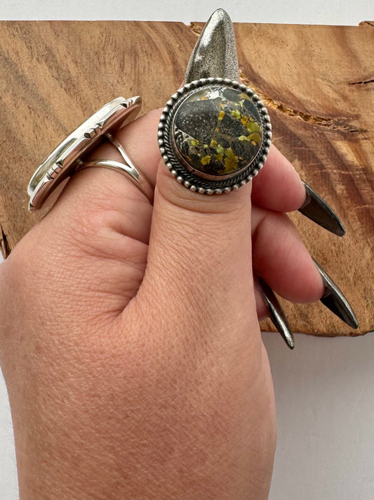 Round Black Jack Ring - Sterling Silver - Native Handmade - AM (Artist) - Size 8