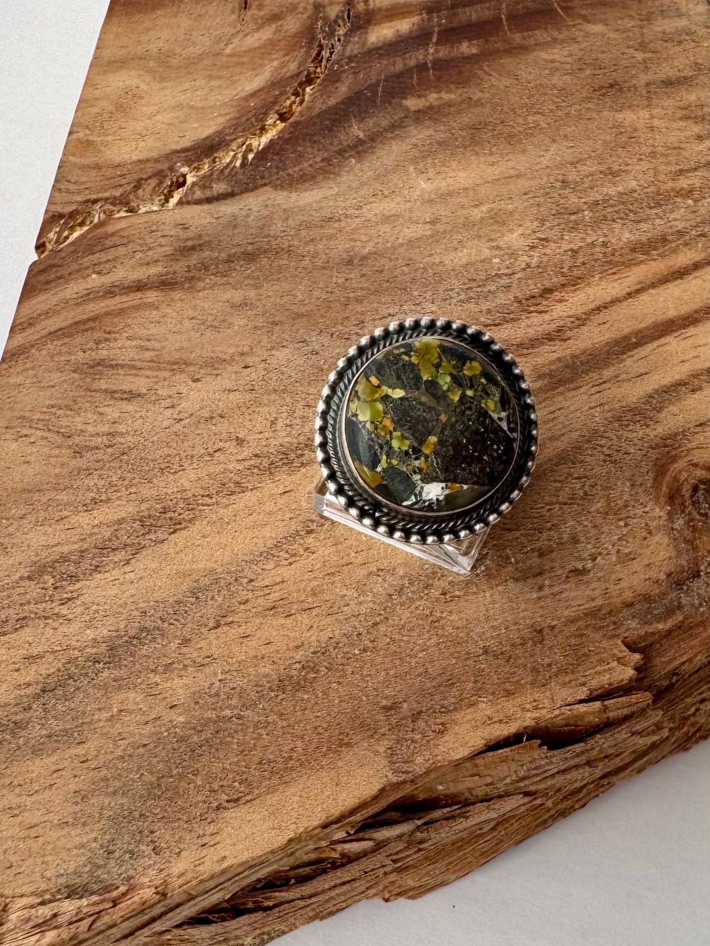 Round Black Jack Ring - Sterling Silver - Native Handmade - AM (Artist) - Size 8