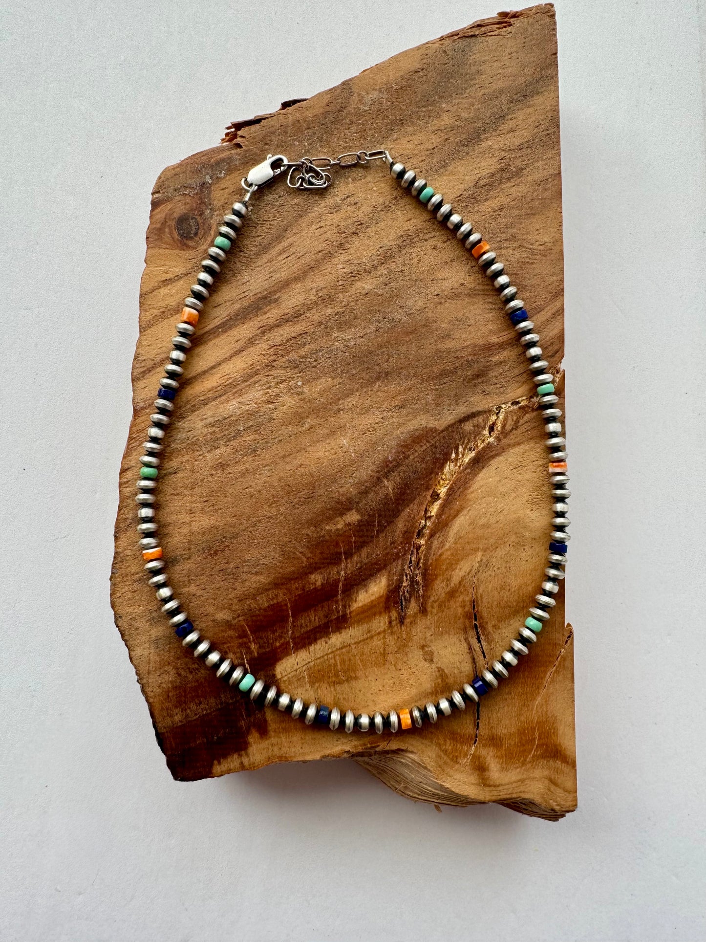 Saucer Oxy Bead with Lapis and Spiny Oyster Choker - Sterling Silver - 14"
