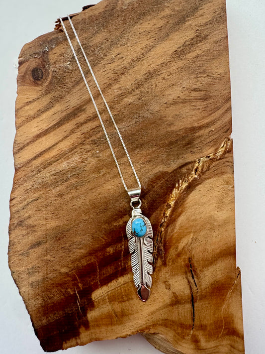Golden Hills Turquoise Feather Pendant and Chain - Sterling Silver - Native Handmade - June Delgarito (artist) - 18"