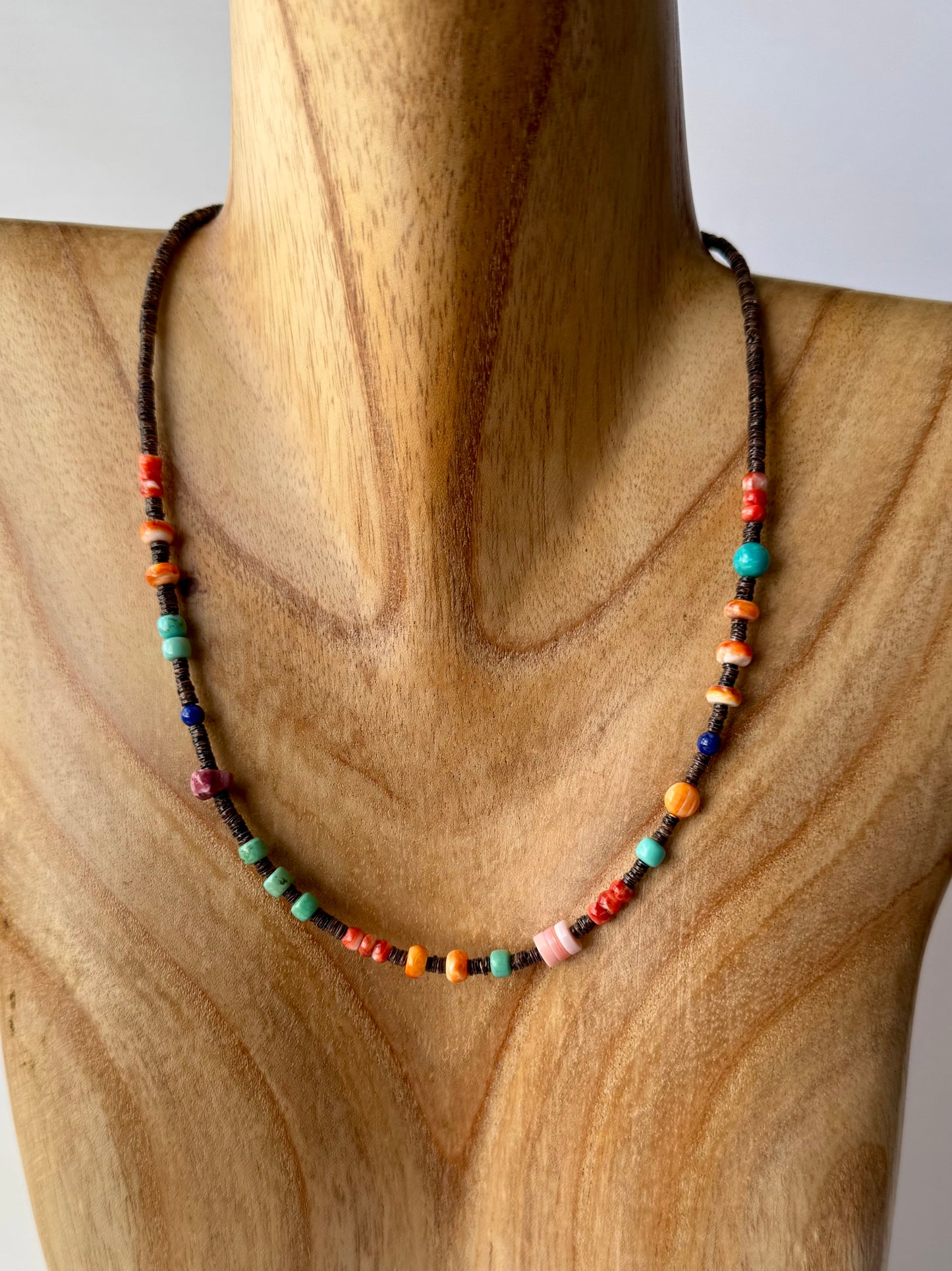 Olive Shell Treasure Bead Necklace- Pink Conch, Spiny Oyster, Turquoise, Lapis