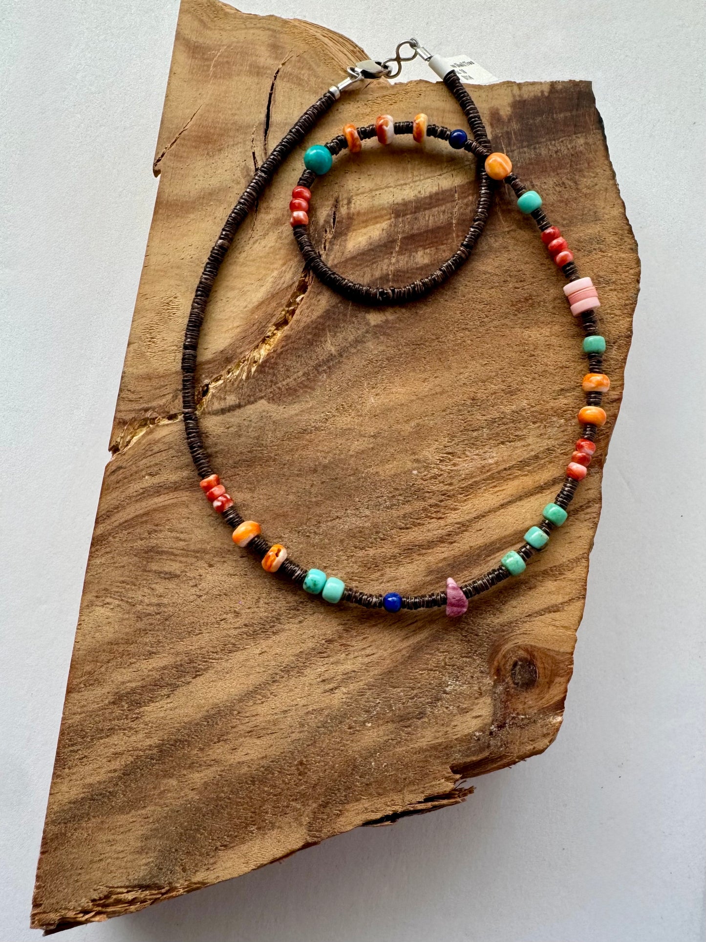 Olive Shell Treasure Bead Necklace- Pink Conch, Spiny Oyster, Turquoise, Lapis