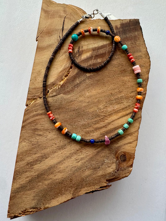 Olive Shell Treasure Bead Necklace- Pink Conch, Spiny Oyster, Turquoise, Lapis