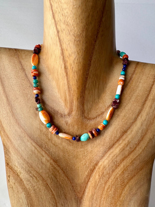 Multi-bead Treasure  Necklace -Spiny oyster, Turquoise, Lapis-Length 15-17"