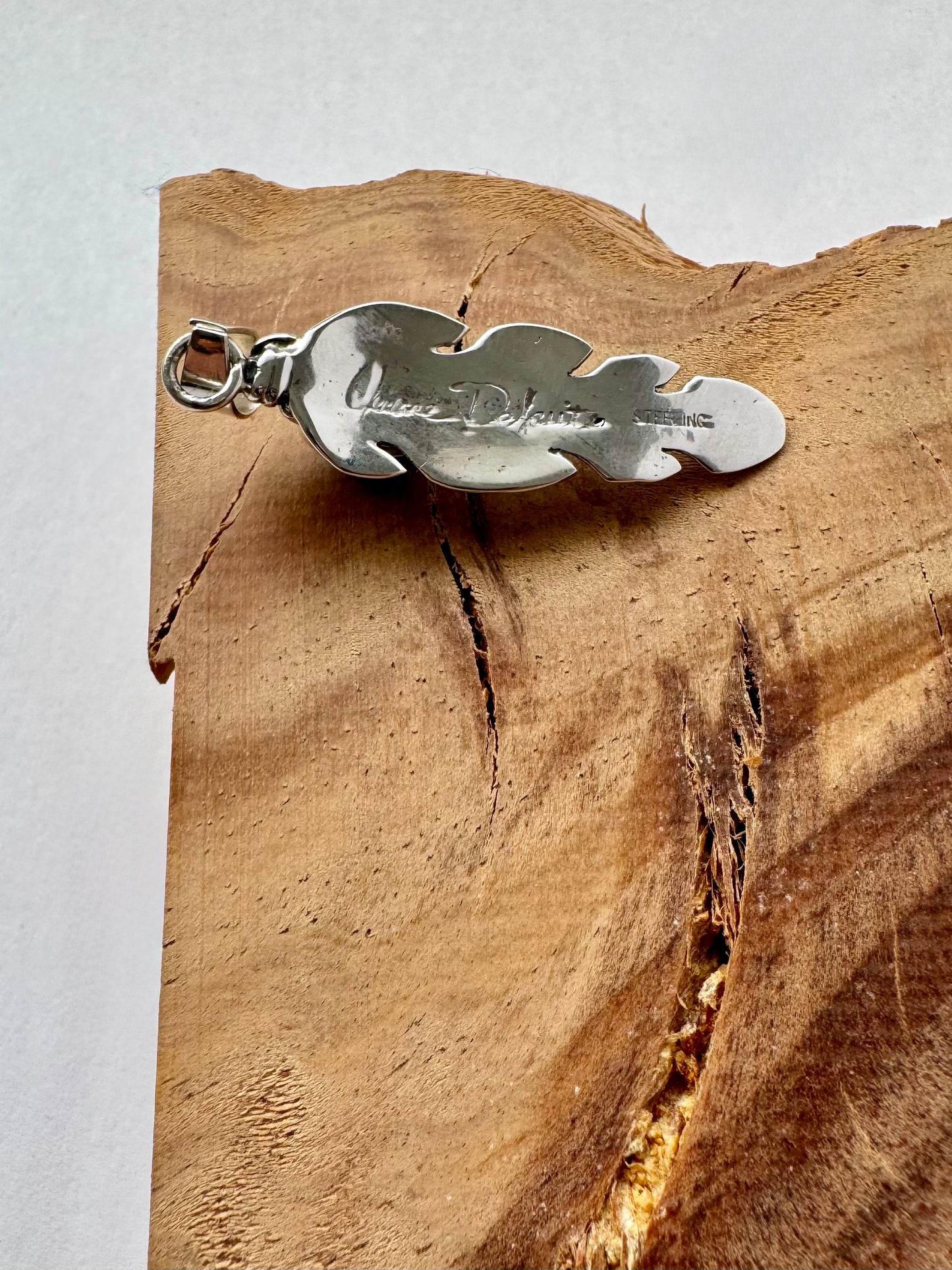 Sterling Silver Sonoran Gold Turquoise Feather Pendant -Artist- June Delgarito