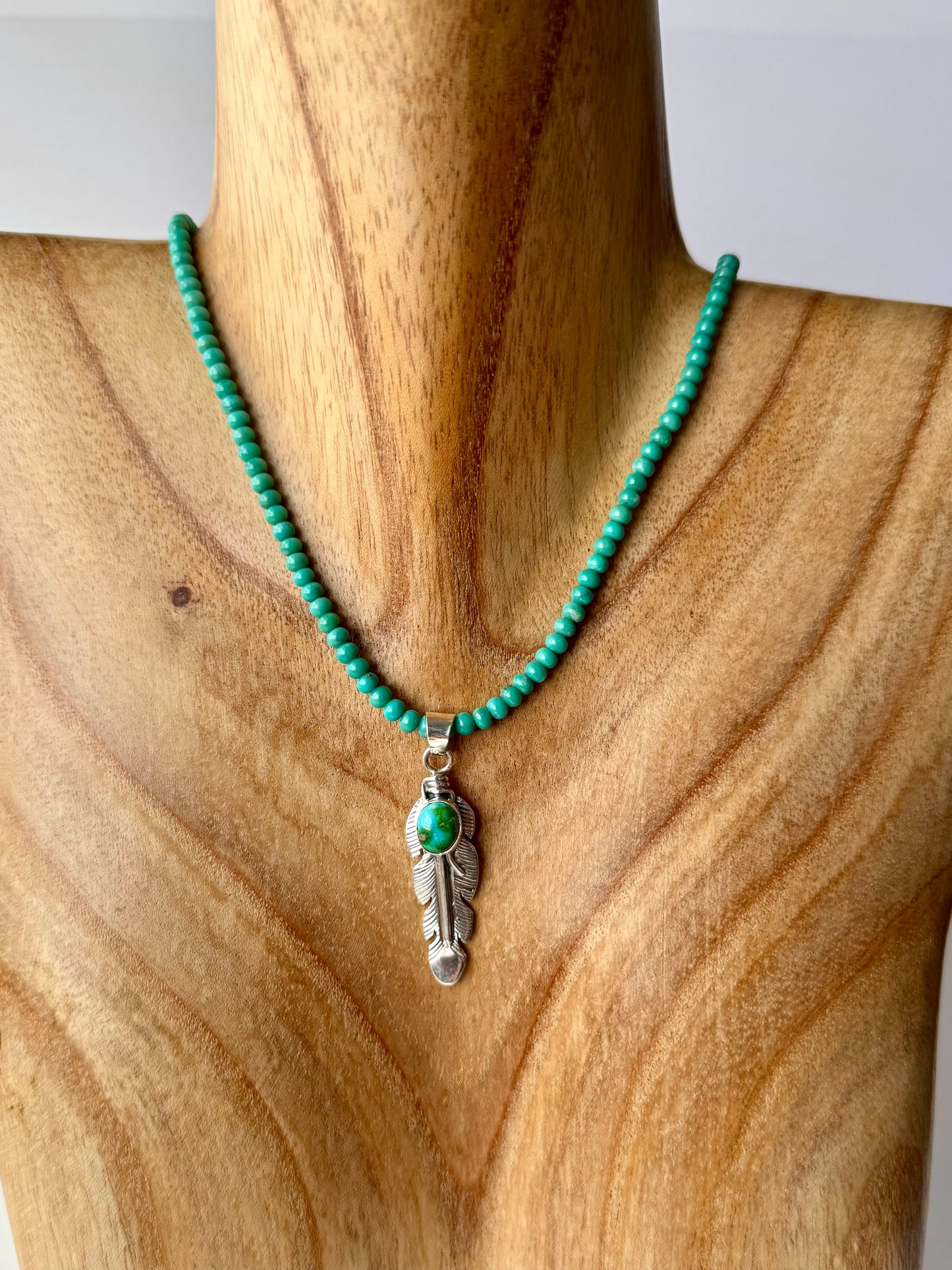 Sterling Silver Sonoran Gold Turquoise Feather Pendant -Artist- June Delgarito
