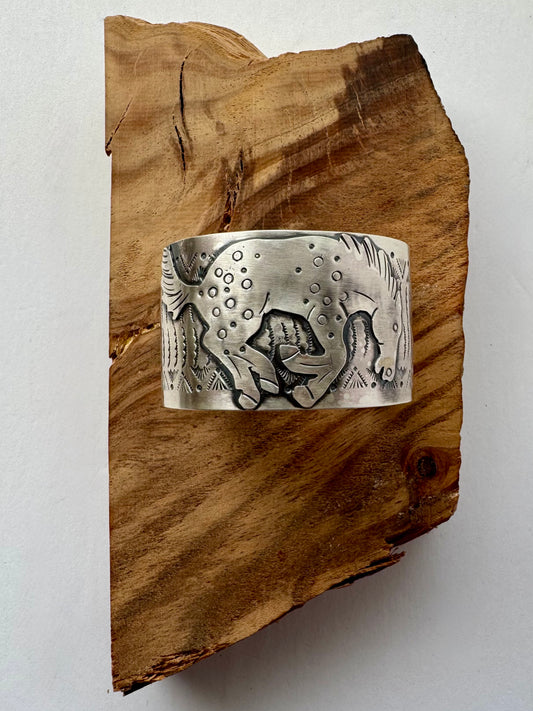 Large Sterling Silver Horse Cuff Bracelet -Artist- M. Willie -Size 7.15" w/ opening