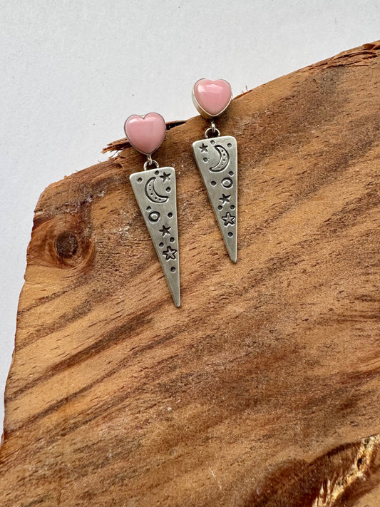 Pink Conch Heart Triangle Moon and Stars Dangle Earrings- Dakota Willie
