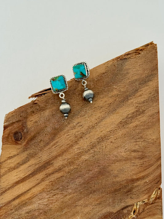 Square Kingman Turquoise Posts Dangle Bead Earrings