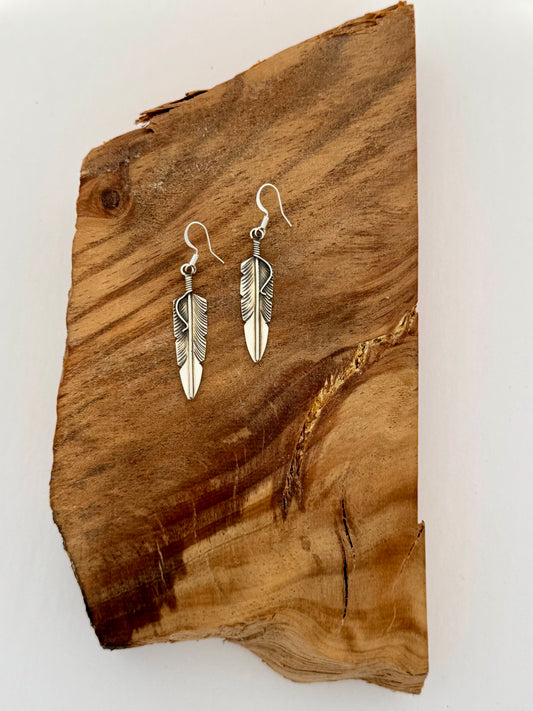 Sterling Silver Feather Dangle Earrings - Artist- Chris Charley