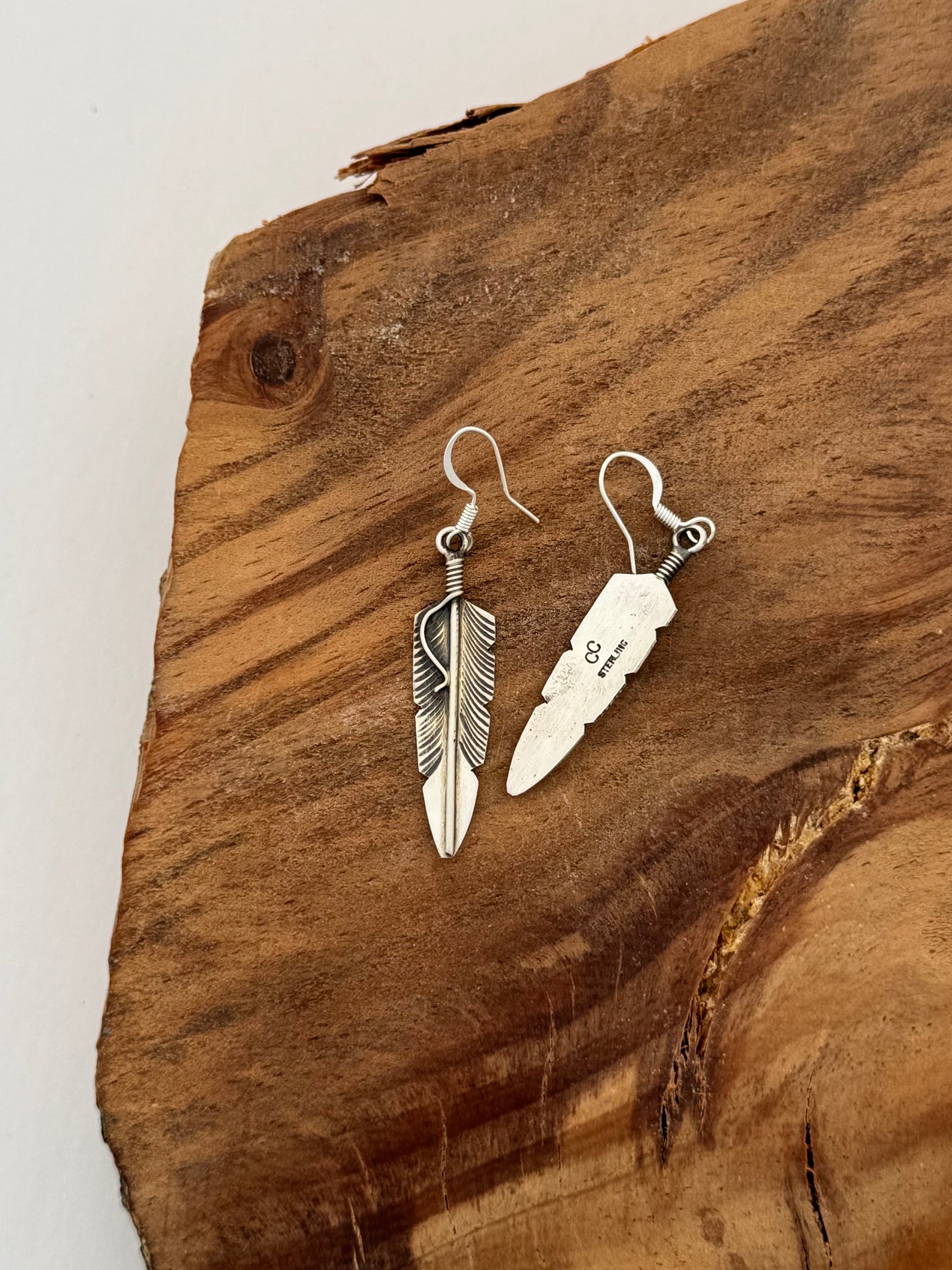 Sterling Silver Feather Dangle Earrings - Artist- Chris Charley