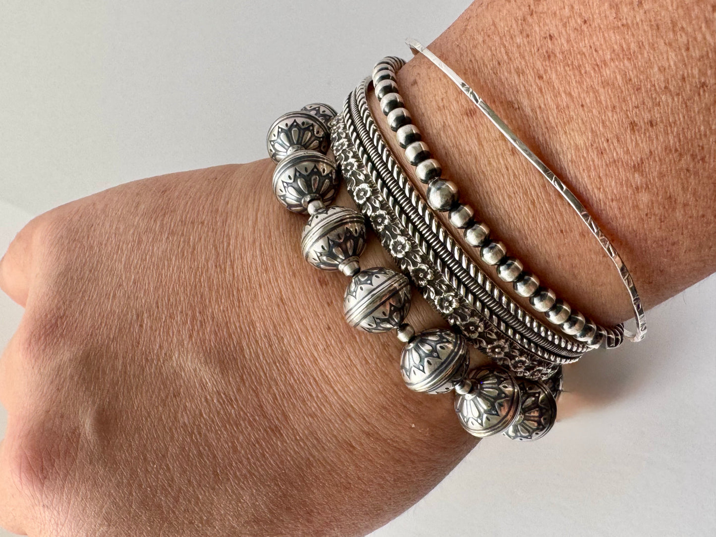 Silver Stamped Oxy Bead Bracelet -Length- Stretch - 12mm Beads